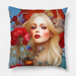 Cute Girl Surreal Floral Design with Wildflowers and Roses Pillow