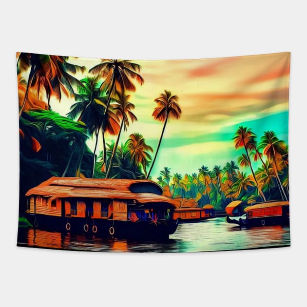 Elegant Kerala natural landscape of coconut trees sunset sky river and houseboat Tapestry by Mandalasia