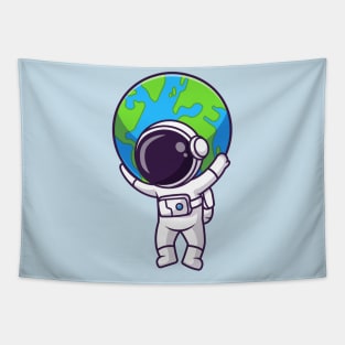 Cute Astronaut Bring Earth In Space Cartoon Tapestry