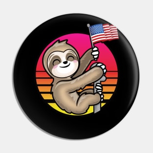 Kawaii Patriotic Sloth Holding USA Flag Retro Sun Pin