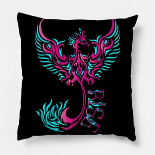 Rise up like a Phoenix from the ashes. Pink and Blue Phoenix in a Tribal / Tattoo Art style Pillow