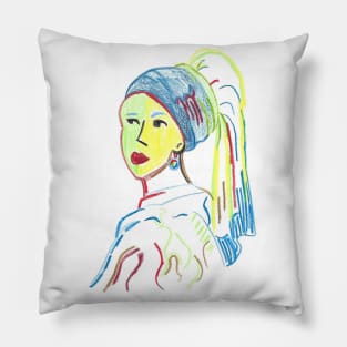 Girl with the pearl earring - Colorful pencil drawing Pillow