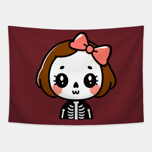 Halloween Cute Skeleton Girl with a Bow | Kawaii Chibi Girl in a Skeleton Costume Tapestry by Nora Liak