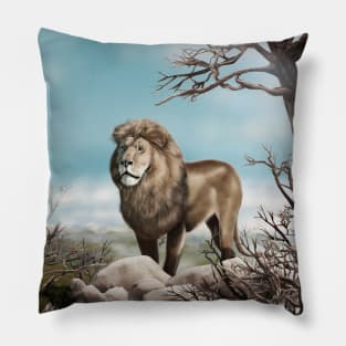 Lion king a wild animal. Wild African lion in nature. Retro style. Realistic Oil painting illustration. Wildlife ART Hand Drawing Pillow