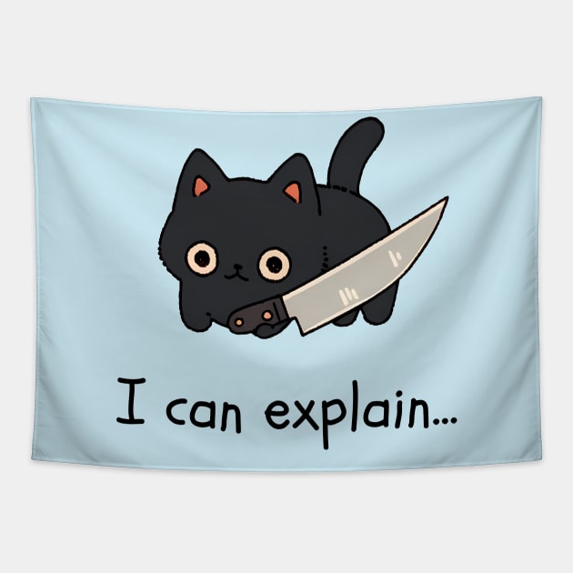 Kawaii Black Cat With Knife - I can explain... Tapestry by Seraphine