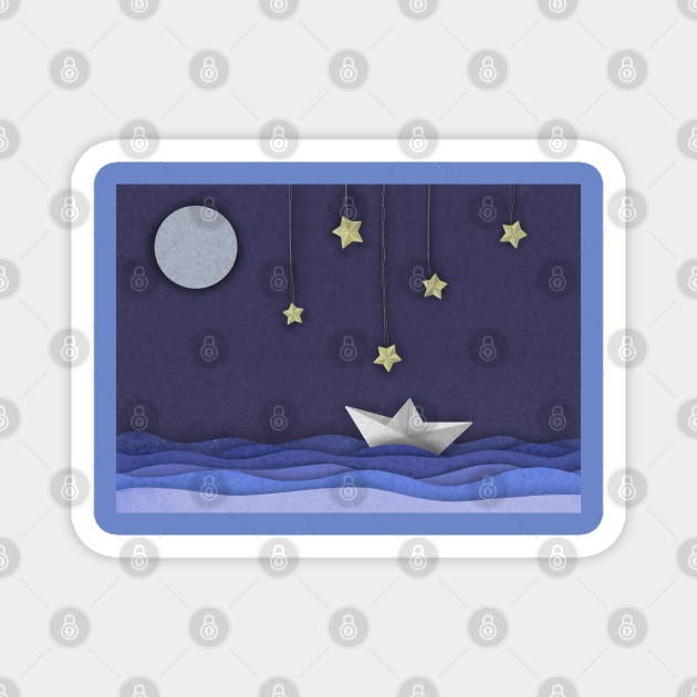 Paper boat night scene Magnet by Pickle-Lily