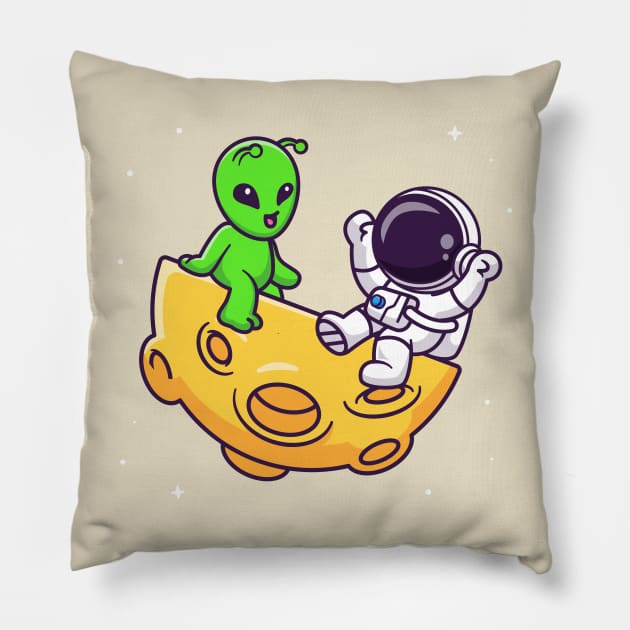 Cute Astronaut Playing With Alien On Moon Cartoon Pillow by Catalyst Labs