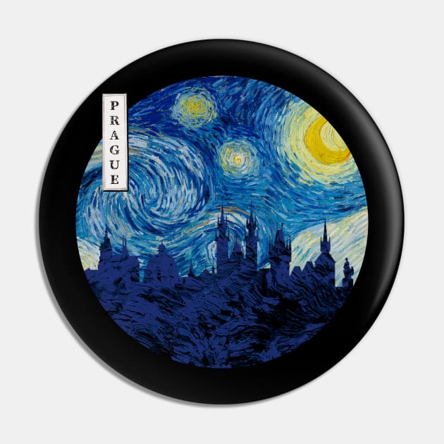 Prague Van Gogh Starry Night Circle Pin by Ferrazi