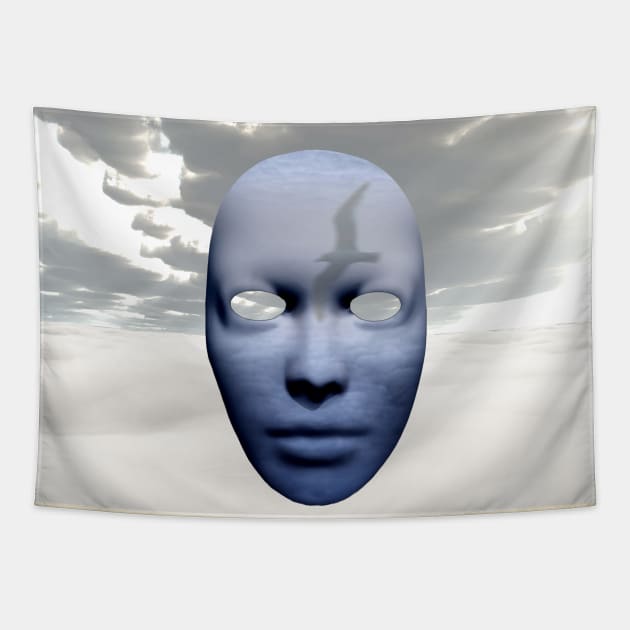 Mask in cloudy sky Tapestry by rolffimages