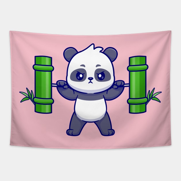 Cute Panda Lifting Bamboo Barbell Cartoon Tapestry by Catalyst Labs