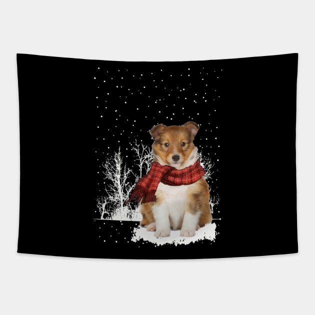 Christmas Shetland Sheepdog With Scarf In Winter Forest Tapestry by Mhoon 