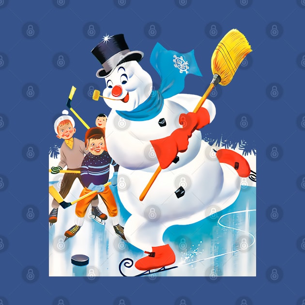 snowman playing ice hockey with a broom next to children on winter holidays retro vintage comic cartoons by REVISTANGO