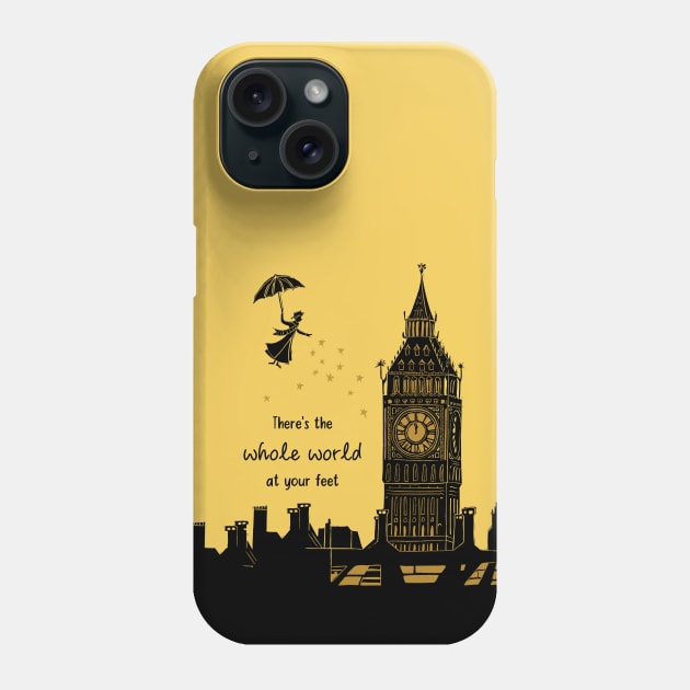 Mary Poppins Whole World at your Feet Linocut on Yellow Phone Case by Maddybennettart