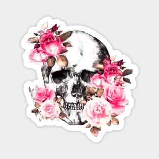 Floral skull for gothic girl, Floral Skull with pink roses, watercolor style, botanical anatomy Magnet