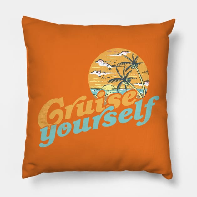 Cruise Yourself, funny 60s retro sunset palms at the beach Pillow by emmjott