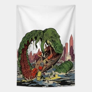 Mysterious Green Monster Lake Water Boat Cars City Retro Comic Vintage Cartoon Tapestry