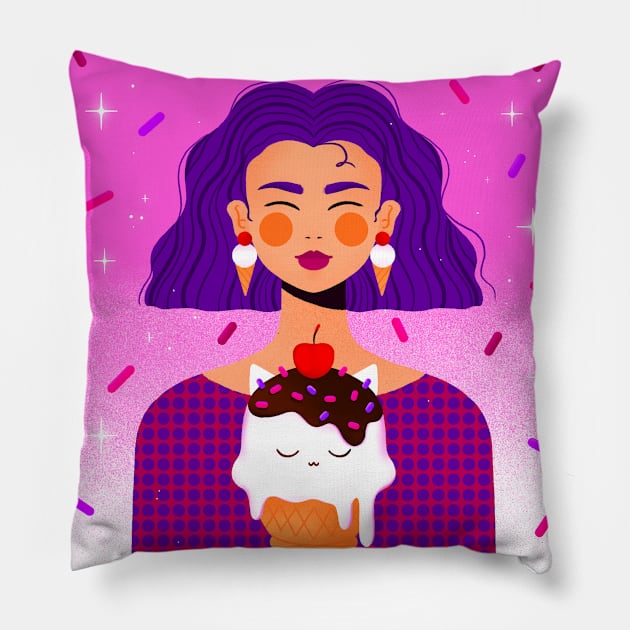 Happy girl with purple hair and kitty ice cream, version 5 Pillow by iulistration