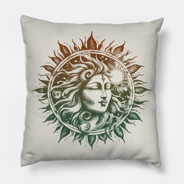 Sun Face Mandala-Style Fantasy Nature Earth Mother for Women Pillow by Pine Hill Goods