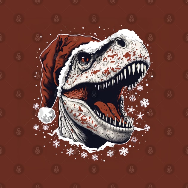 t-rex with christmas hat on red background by Maverick Media