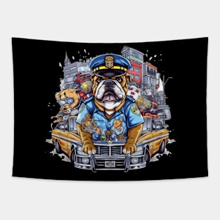 Accountant English Bulldog t-shirt design, a bulldog wearing a police officer's hat and holding Tapestry