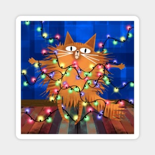 Ginger Cat Entangled by Christmas Tree Lights Magnet