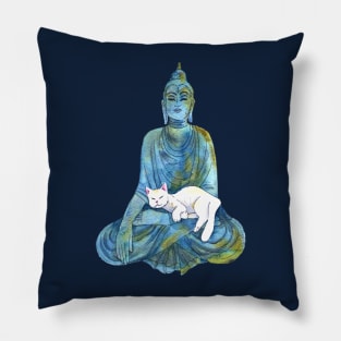 Blue Watercolor Buddha Statue with Sleeping White Cat Pillow