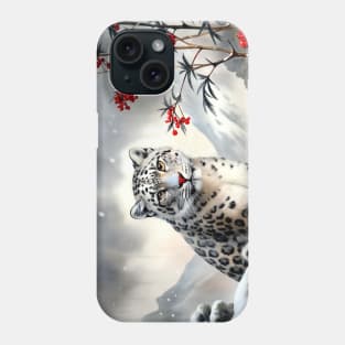 A Proud Snow Leopard Went Hunting, in the Snowy forest, Hight Mountains, Snow Falling, Winter Landscape, Wildlife White Panthera, Watercolor Realistic Illustration, Art, Portrait, Poster, Shirt, Christmas Holiday, Birthday gifts, Hunting lover Phone Case