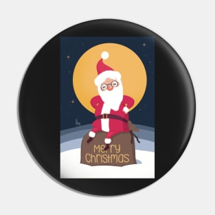 Happy Santa sitting on the Christmas gifts in the winter night. Merry Christmas. Pin