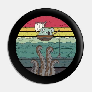 Funny Cute Fishing Koala Retro Sunset Distressed Vintage Rainbow Colors Pin