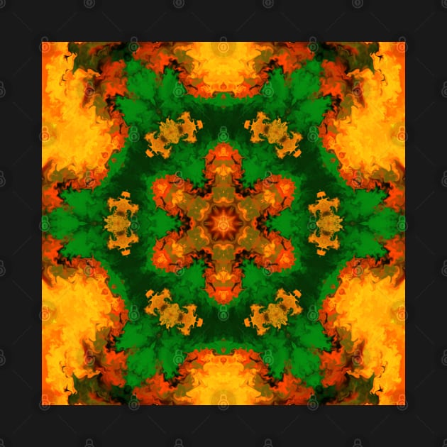 Psychedelic Mandala Flower Green Orange and Yellow by WormholeOrbital