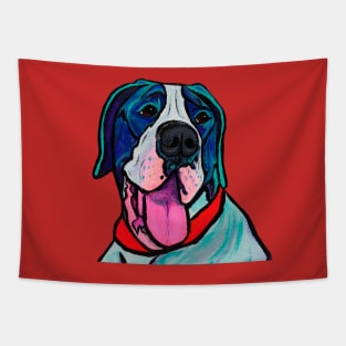 Great Dane Goliath over Red Tapestry