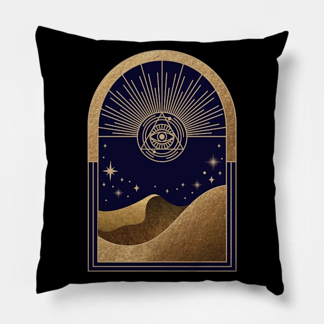 Mystical golden frame minimal style magical occult mystic elements evil eye stars and hills poster Pillow by Modern Art