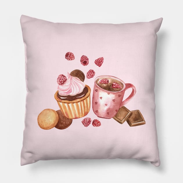 Raspberry cupcake and Hot Chocolate Watercolor Illustration Pillow by Flowersforbear