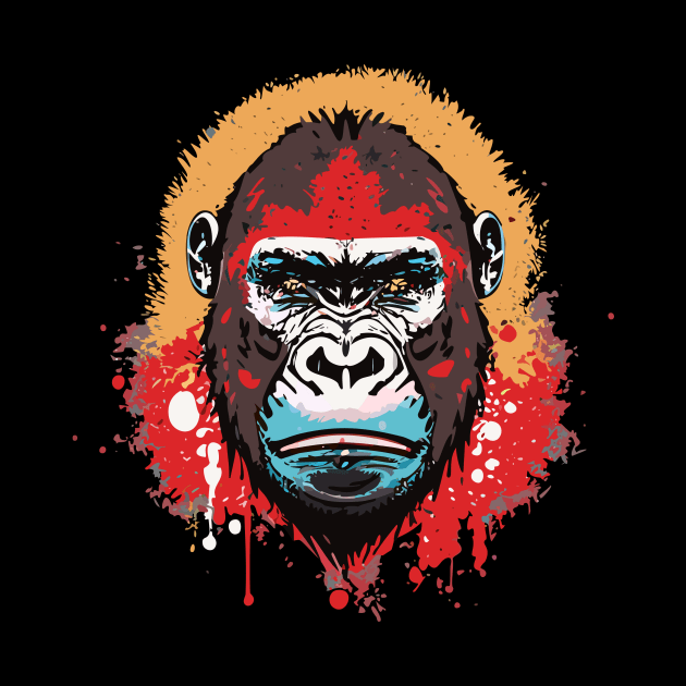 t-shirt design, gorilla with red paint splatters on its face, poster art by goingplaces