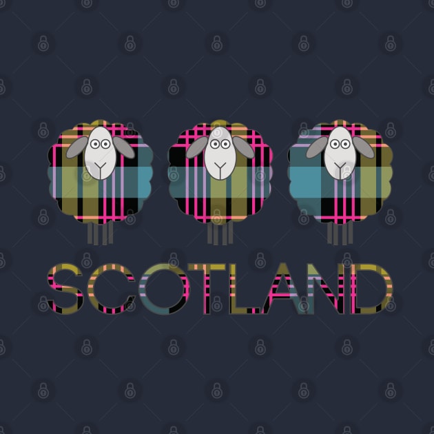 Trio of Scottish Pink, Blue and Yellow Tartan Patterned Sheep by MacPean