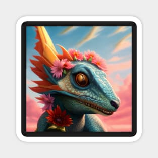 Baby Blue Dragon with Flowers and Sunset Magnet