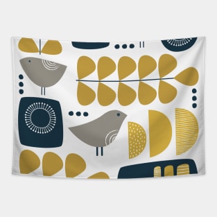 Retro Mid Century Modern Bird and Leaves in Navy Blue, Mustard Yellow and Grey Tapestry