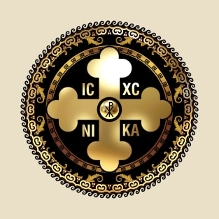 Greek Orthodox Cross Gold Black Ornate Circle T-Shirt