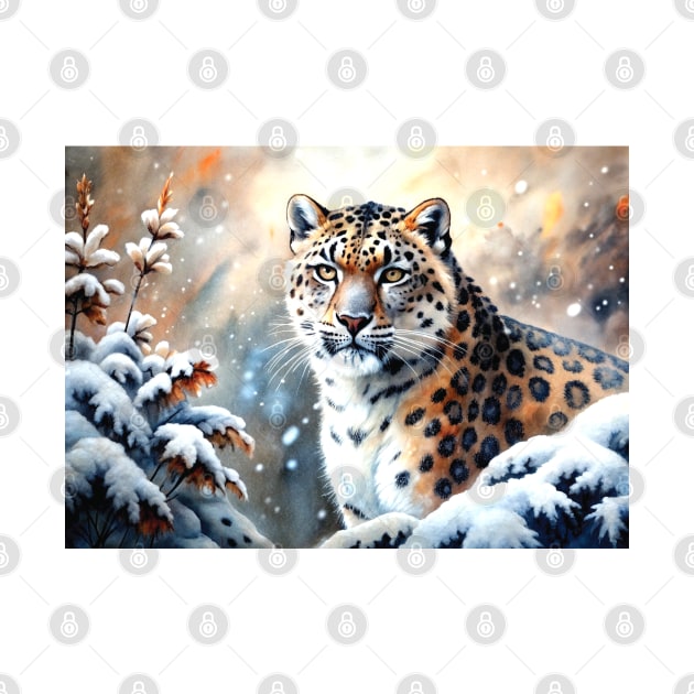 A Proud Snow Leopard Went Hunting, in the Snowy forest, Hight Mountains, Snow Falling, Winter Landscape, Wildlife White Panthera, Watercolor by sofiartmedia