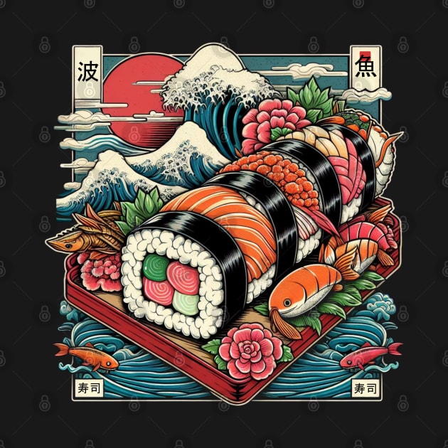 Sushi Wave Men Women Vintage Edo Japanese by CP6Design