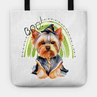 Cute Yorkie Halloween with Green Rainbow Tote