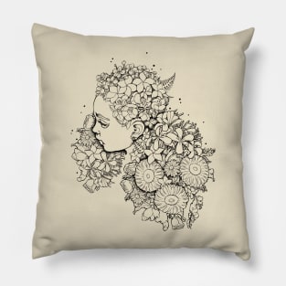Flower Hair Girl fine line art Pillow