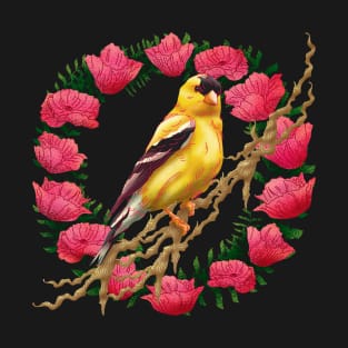 American Goldfinch Head Bird on Pink Flowers T-Shirt