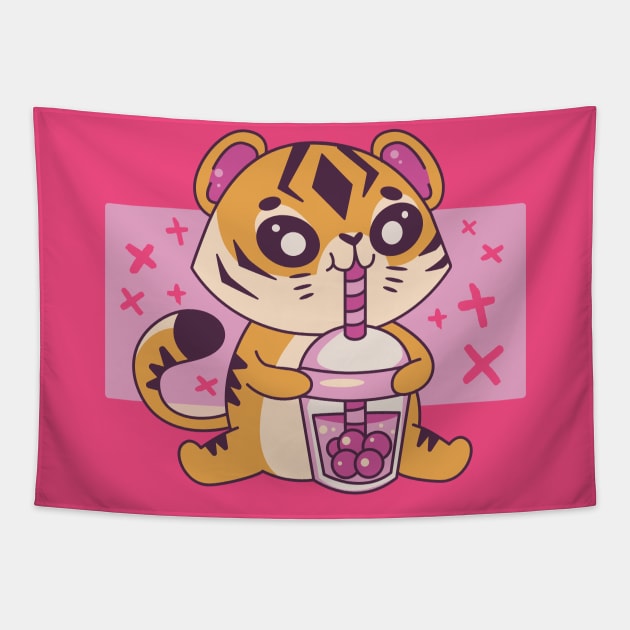 Cute - Kawaii Tiger - Boba Tapestry by LAPublicTees