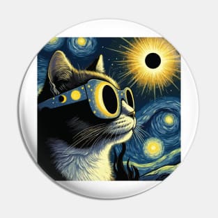 Starry night cat wearing sunglasses during eclipse Pin