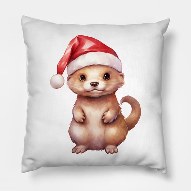 Mink in Santa Hat Pillow by Chromatic Fusion Studio