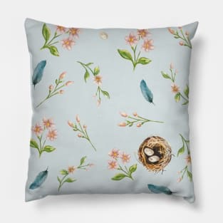 Spring Apple Blossom Nest and Feather Watercolour Pattern Pillow