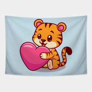 Cute Baby Tiger Holding Love Heart Cartoon Tapestry