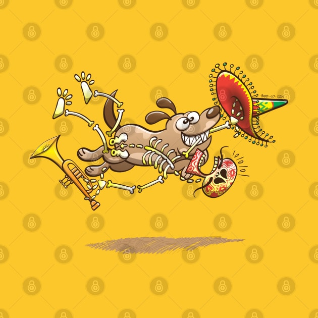 Mischievous dog stealing a tasty Mexican skeleton complete with big hat and trumpet by zooco