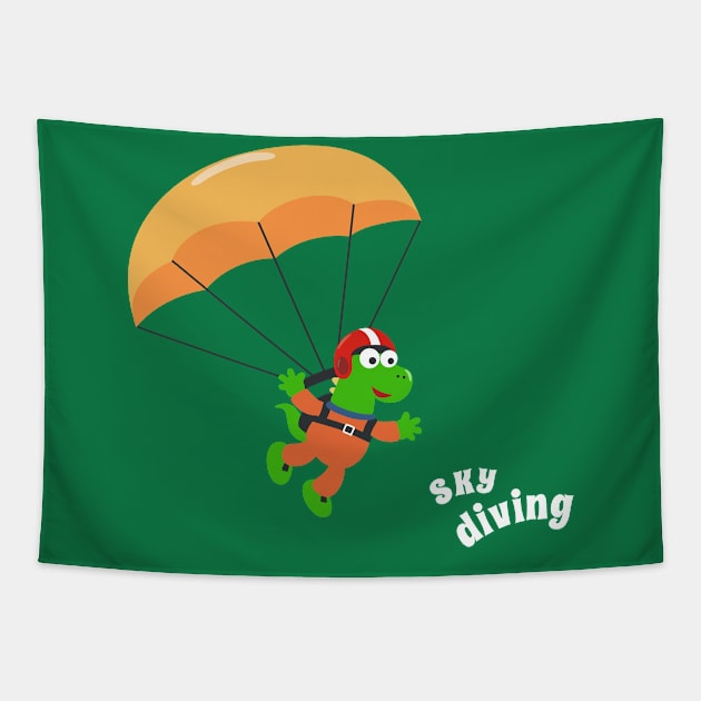 cartoon illustration of skydiving with litlle dinosaur Tapestry by KIDS APPAREL